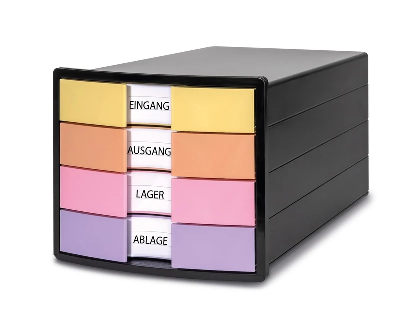 HAN Impuls 2.0 Drawer Box with 4 Closed Drawers for DIN A4/C4 Including Labelling Labels, Pull-Out Lock, Furniture-Friendly Rubber Feet, Premium Quality, 1012-139, Black/Pastel