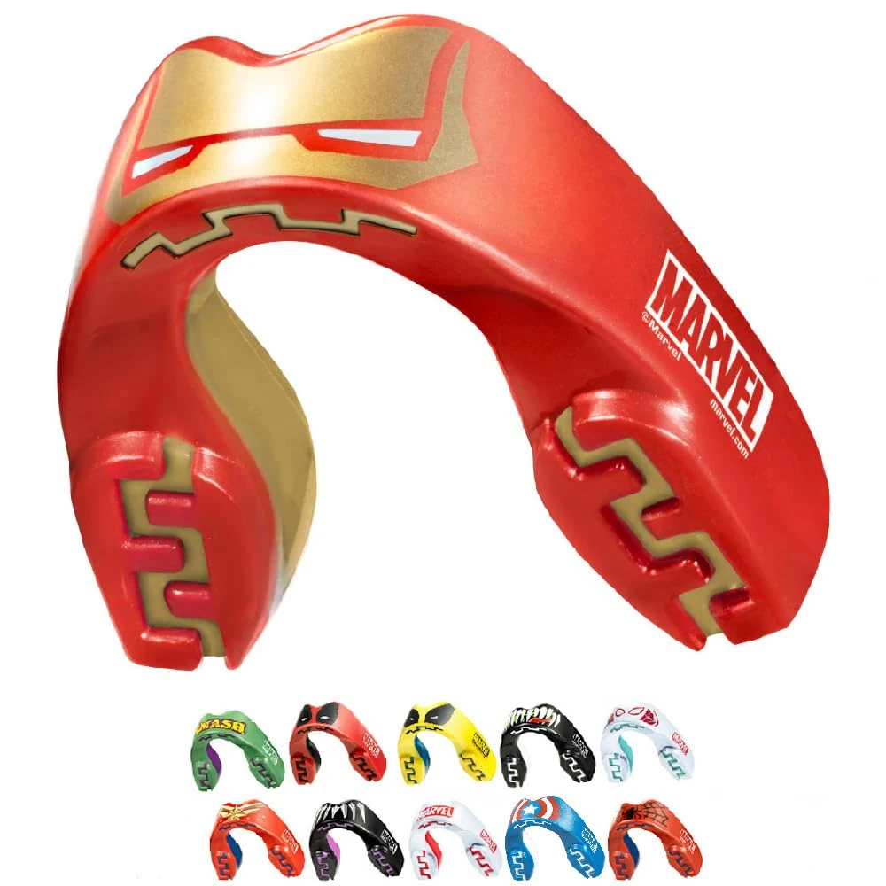 Marvel Iron Man Metallic Sports Mouthguard Dual Layer Premium Protection Junior Gum Shield with Case for Boxing, MMA, Rugby, Martial Arts, Judo and All Contact Sports