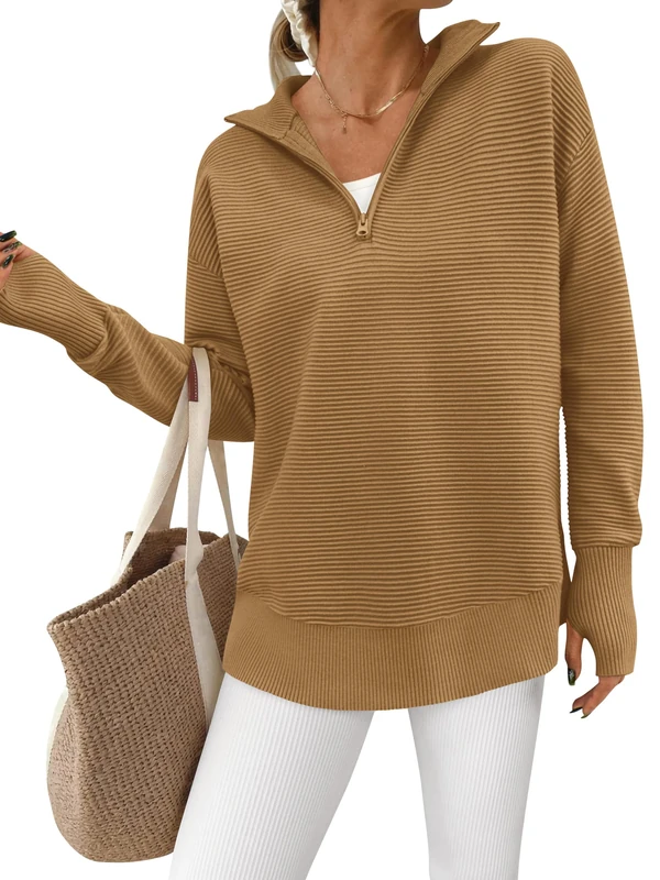 PRETTYGARDEN Womens Long Sleeve Quarter Zip Pullover Sweater Casual Loose V Neck Collared Ribbed Knit Jumper Tops Thumb Hole, Khaki, M