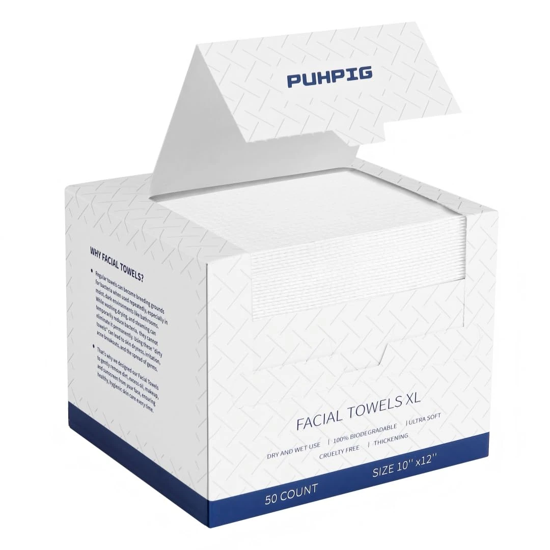 PUHPIG Clean Towels XL, Disposable Face Towels, 100% USDA Biobased Face Towelette, Ultra Soft Facial Tissues, 10in X 12in Large Remover Makeup Dry Wipes for Sensitive Skin, Paper 50 Ct /1 Pack