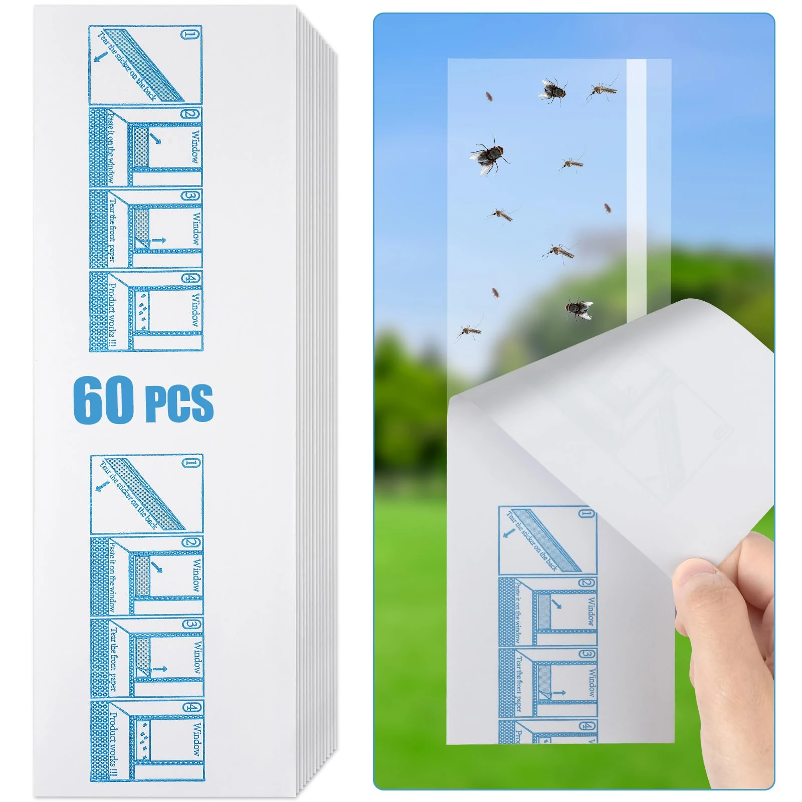 Flintronic 60-Pack Windows Fly Traps, Fly Paper Sticky for Indoors, Non-Toxic Fly Catcher Clear Trap for Insect, Bugs, Fly & Fruit