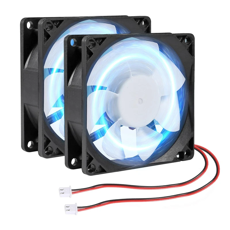 DORHEA 2Pcs 80mm/3.15inch for DC Fan 5V Computer Case Fan 80x80x25mm 2Pin 8025 Blue LED Power Cooling Fan DC Brushless Cooler Fan 8cm for PC Case CPU Brushless Axial Radiator Fan
