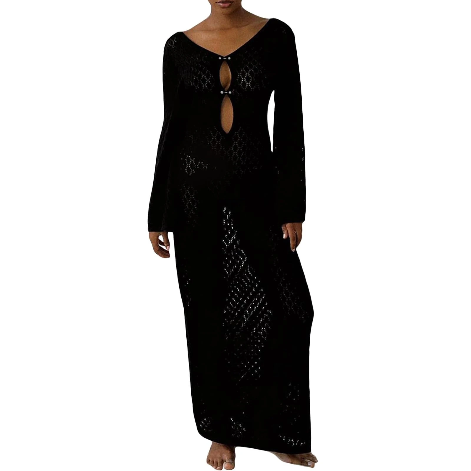 Womens Crochet Maxi Dresses Long Sleeve Bodycon Long Dress Hollow Out Summer Beach Vacation Bikini Cover Up Dresses (Color : Knit Black, Size : M)