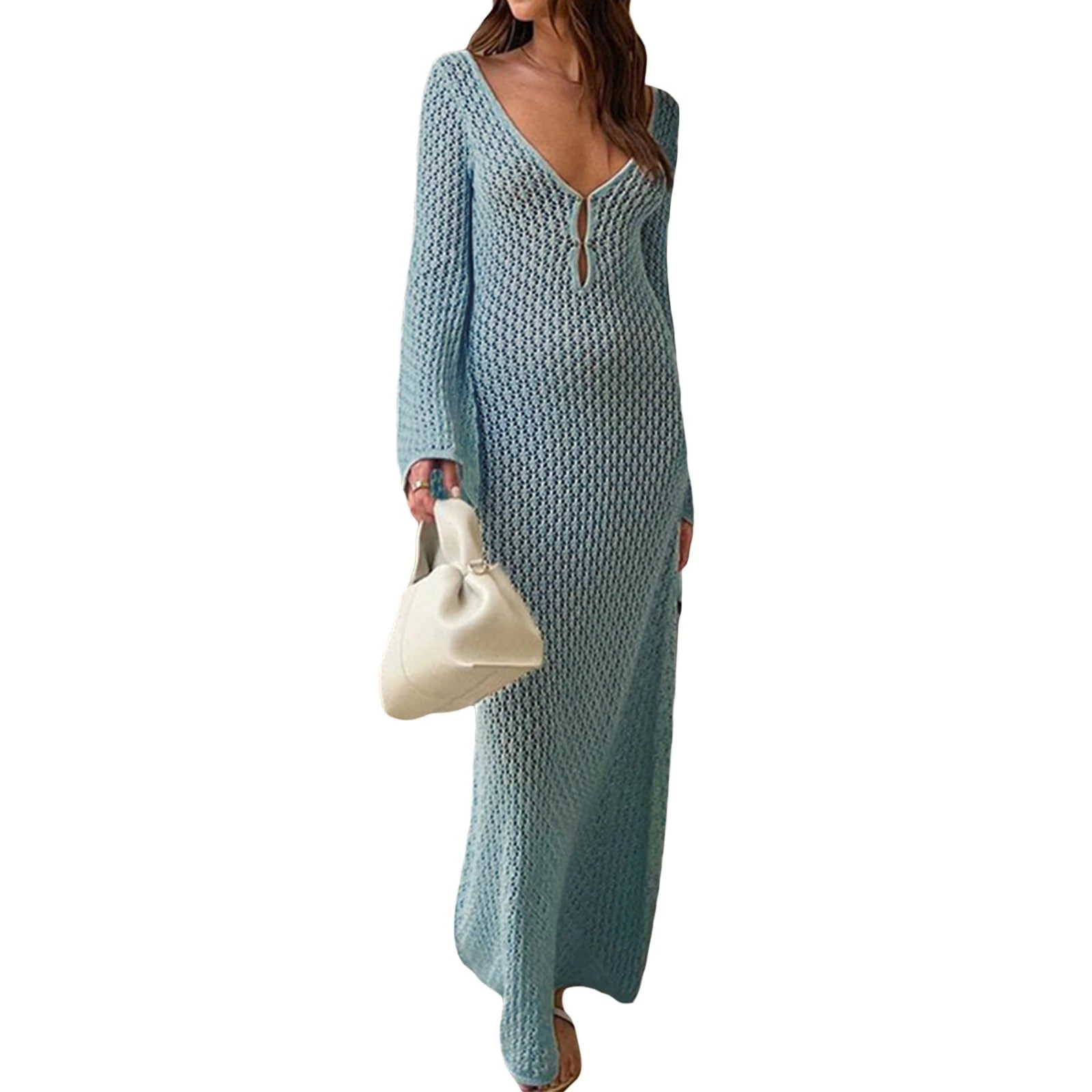 Womens Crochet Maxi Dresses Long Sleeve Bodycon Long Dress Hollow Out Summer Beach Vacation Bikini Cover Up Dresses (Color : Knit Light Blue, Size : M)