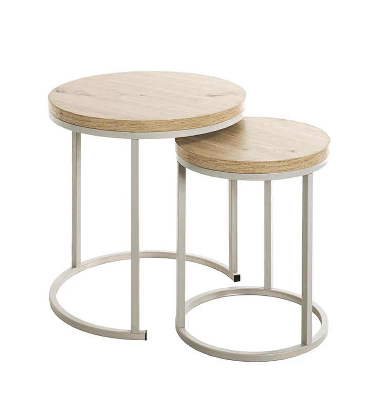 HAKU Möbel Set of 2 End Tables Oak, Grey, Mdf, Metal - Size: H 43/49 cm X Ø 32/45 cm, Style: Modern