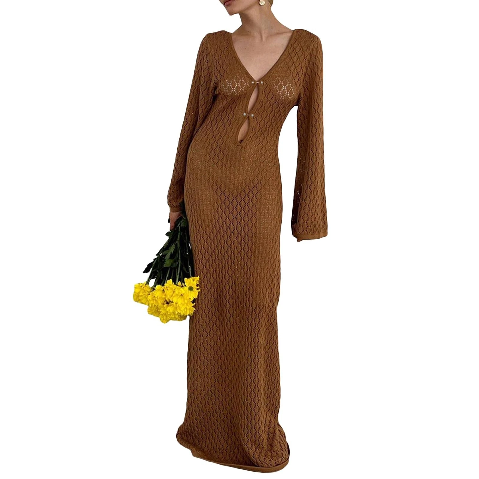 Womens Crochet Maxi Dresses Long Sleeve Bodycon Long Dress Hollow Out Summer Beach Vacation Bikini Cover Up Dresses (Color : Knit Coffee, Size : M)