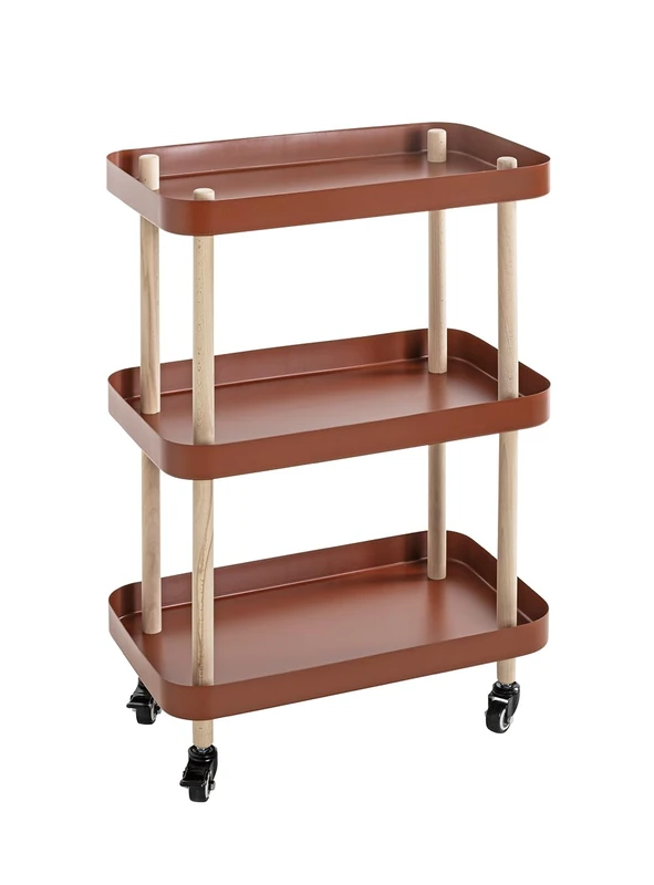 HAKU Side Table on castors, solid wood natural, coral red metal, sofa table, coffee table on castors – dimensions: W 50 x H 76 x D 30 cm Style: Modern