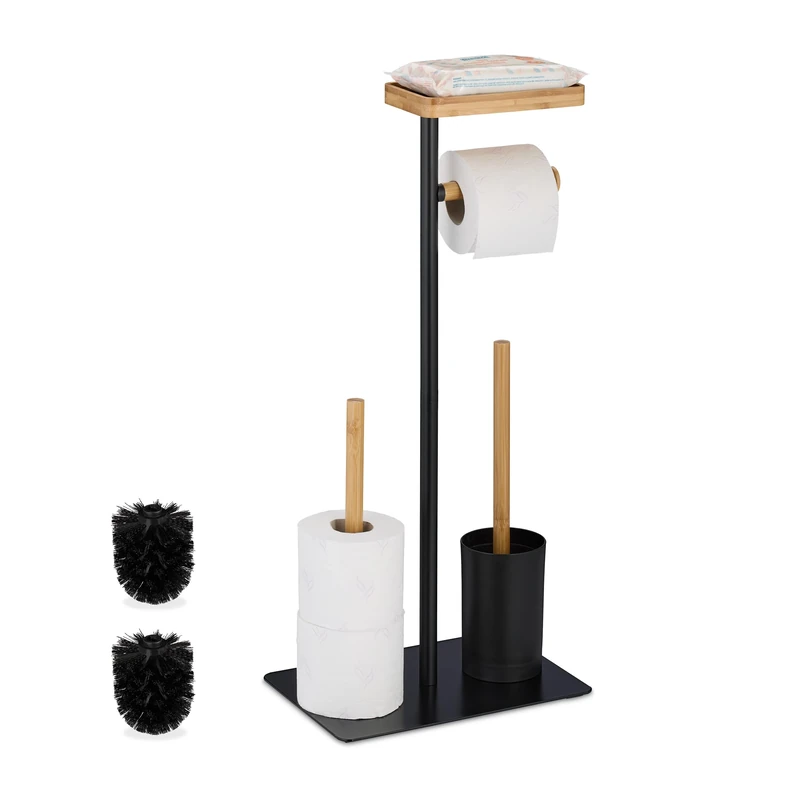 Relaxdays WC Set, Bamboo, Stainless Steel, Free-standing, incl. 2 Spare Heads, Toilet Roll & Brush Holder, Black/Natural, Iron, 65 x 30 x 20 cm