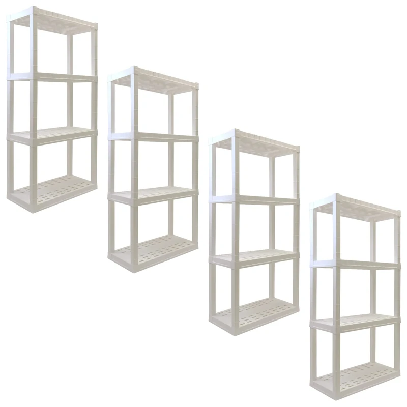 4 Tier Shelf Garage Plastic Shelving Unit Storage Shelves 400 lbs (180 kg) Interlocking Racking Shelves Multipurpose Organizer for Kitchen Workshop Office 35.56 x 76.20 x 144.78 cm Pack of 4- White