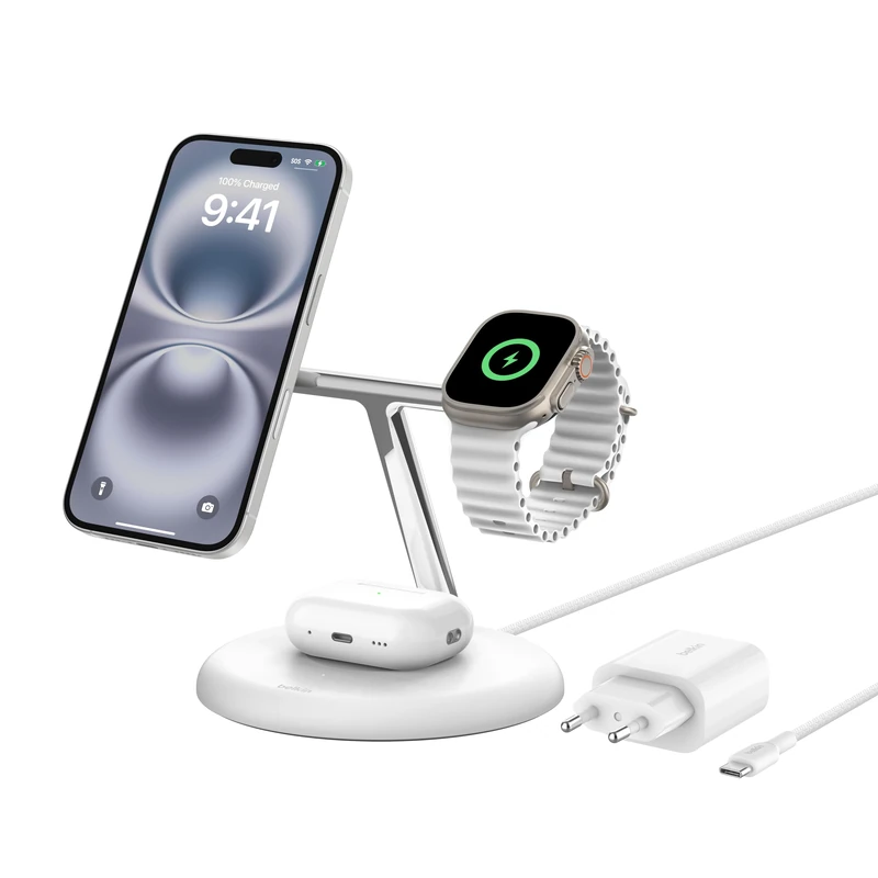 Belkin BoostCharge Pro 3-in-1 Wireless Charging Stand with Qi2 (15W) Compatible with MagSafe Wireless Charger for iPhone 16/15/14/13/12, AirPods, Apple Watch and More, Includes Power Adapter - White