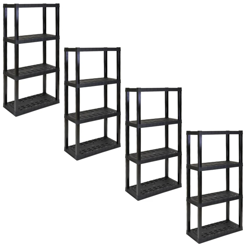 4 Tier Shelf Garage Plastic Shelving Unit Storage Shelves 400 lbs (180 kg) Interlocking Racking Shelves Multipurpose Organizer for Kitchen Workshop Office 35.56 x 76.20 x 144.78 cm Pack of 4- Black