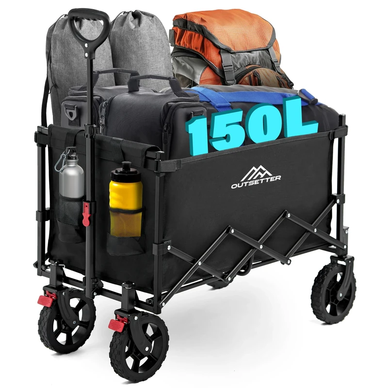 Folding Trolley Cart on Wheels, 150L Portal Festival Camping Wagons Carts with Adjustable Handle, Foldable Wagon for Camping, Garden, Beach, Shopping, Outdoor