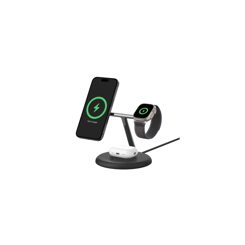 Belkin BoostCharge Pro 3-in-1 Wireless Charging Stand with Qi2 (15W) Compatible with MagSafe Wireless Charger for iPhone 16/15/14/13/12, AirPods, Apple Watch and More, Includes Power Adapter - Black