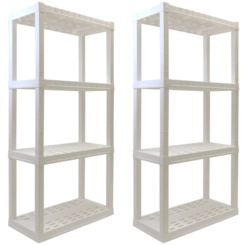 4 Tier Shelf Plastic Shelving Unit Garage Storage Shelves 400 lbs (180 kg) Interlocking Racking Shelves Multipurpose Organizer for Kitchen Workshop Office 35.56 x 76.20 x 144.78 cm Pack of 2- White