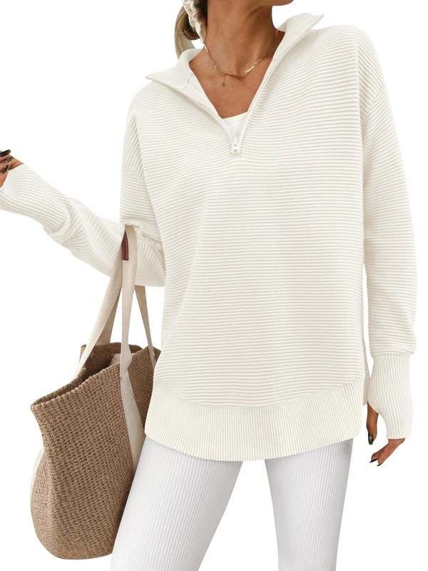 PRETTYGARDEN Womens Long Sleeve Quarter Zip Pullover Sweater Casual Loose V Neck Collared Ribbed Knit Jumper Tops Thumb Hole, White, L - Image 1