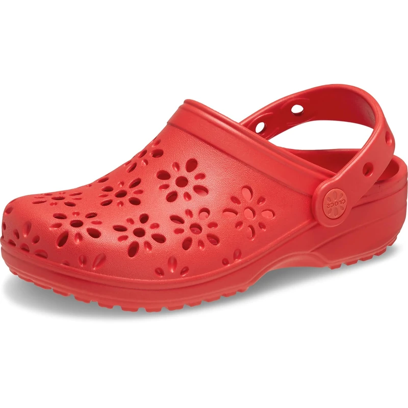 Crocs Unisex-Child Classic Clogs with Floral Cut Out Design, Kids and Toddler Shoes, Cherry Red, 4 UK