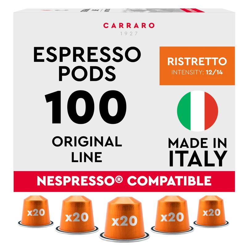 CARRARO 1927 Ristretto - 100 Aluminium Coffee Pods Compatible with Nespresso Original line - Intensity 12/14, Dark Roast Coffee Capsules Made in Italy
