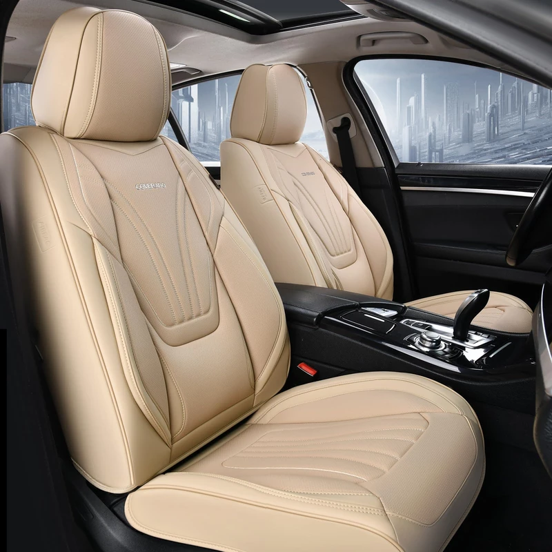 Coverado Car Front Seat Covers with Lumbar Support and Removable Headrest, Breathable Leather Seat Cushion, Universal Fit for Truck Motor Vehicles (Beige, 2 Pack)