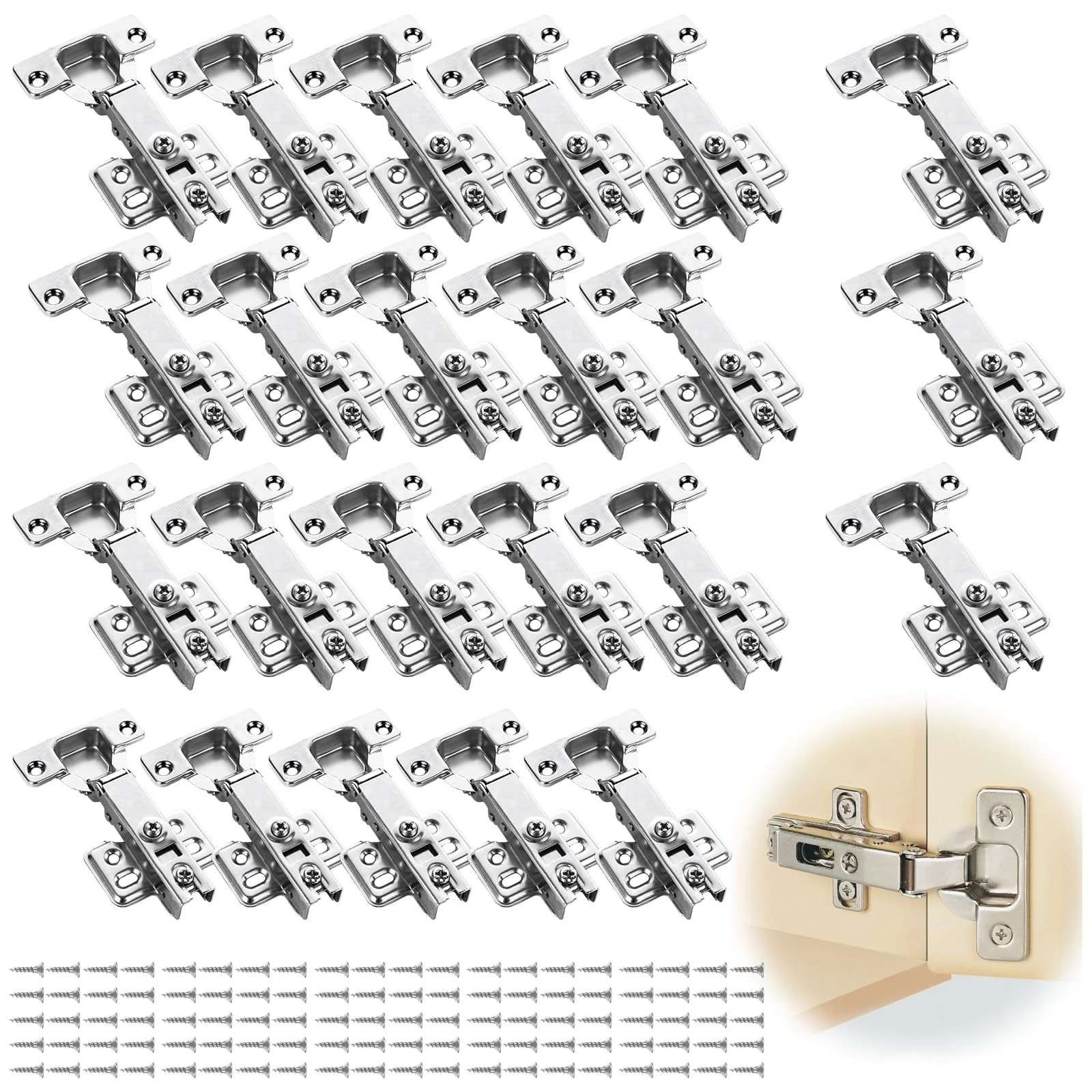 APACALI 24 PCS Kitchen Cupboard Hinges, Kitchen Cabinet Hinges with Screws, Full Overlay Cabinet Hinge, Soft Close Hinge for Kitchen Cupboards, Bathroom Bedroom Dining Room, Silver