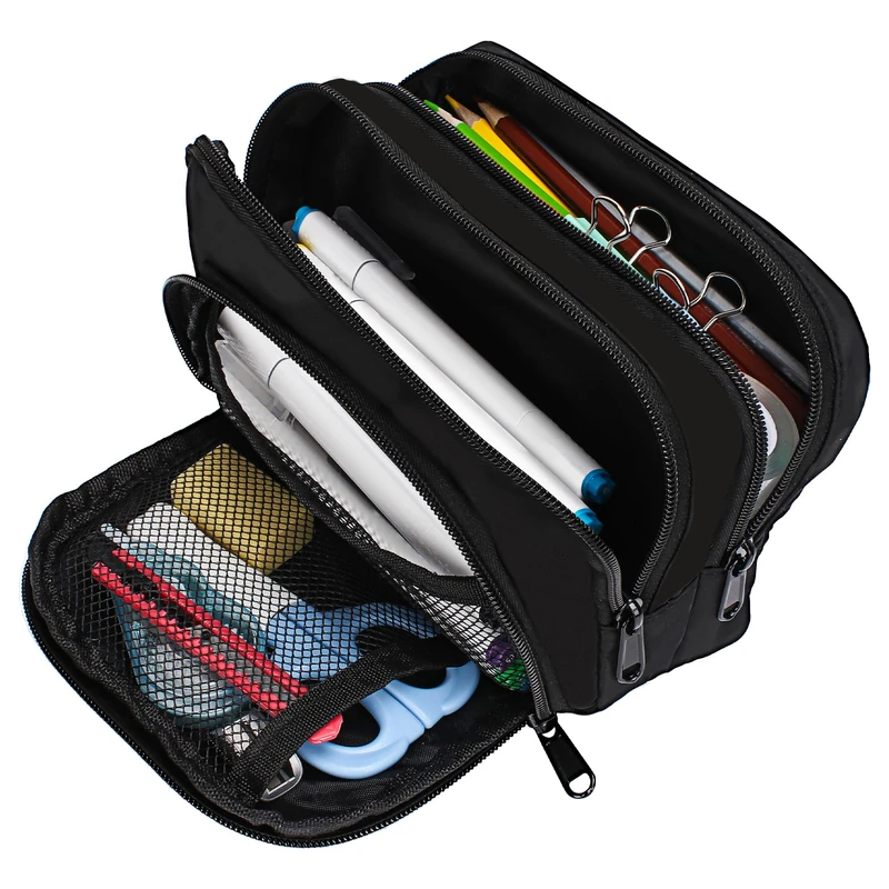 Euqvunn Black Pencil Case, Large Capacity Pen Case with 3 Compartments, Stationery Pouch for School & Office Supplies, Unisex