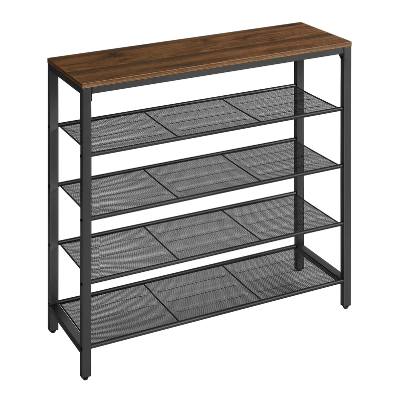 VASAGLE Shoe Rack, Shoe Storage Organiser with 4 Mesh Shelves and Large Surface for Bags, Shoe Shelf for Entryway, Hallway, Closet, Steel Frame, Industrial, Natural Walnut and Ink Black LBS015K02