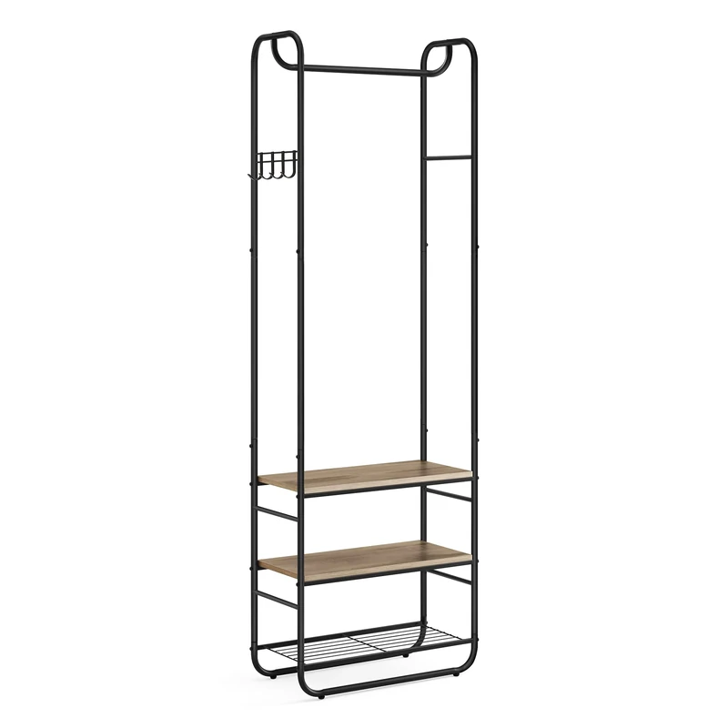 VASAGLE Coat Stand, Hall Tree, Coat Rack with Shoe Rack, Storage Shelves, Hallway, Bedroom, 58 x 28 x 181 cm, Scandinavian Style, Ink Black and Camel Brown HSR081K01