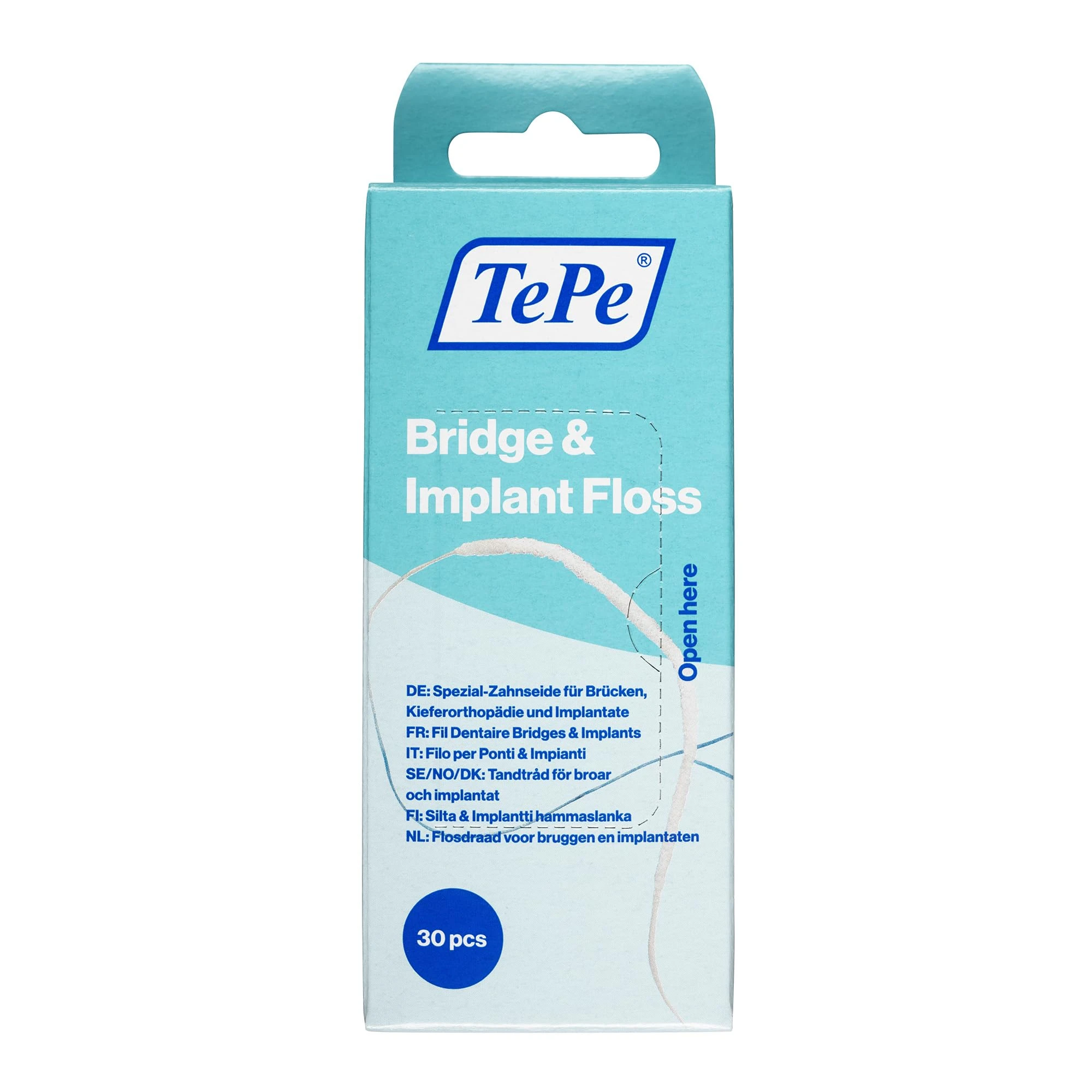TePe Bridge & Implant Floss, 30pcs, Wide Dental Floss Suitable for Braces, Bridges, and implants, efficient Plaque Remover Tool for in Between The Teeth