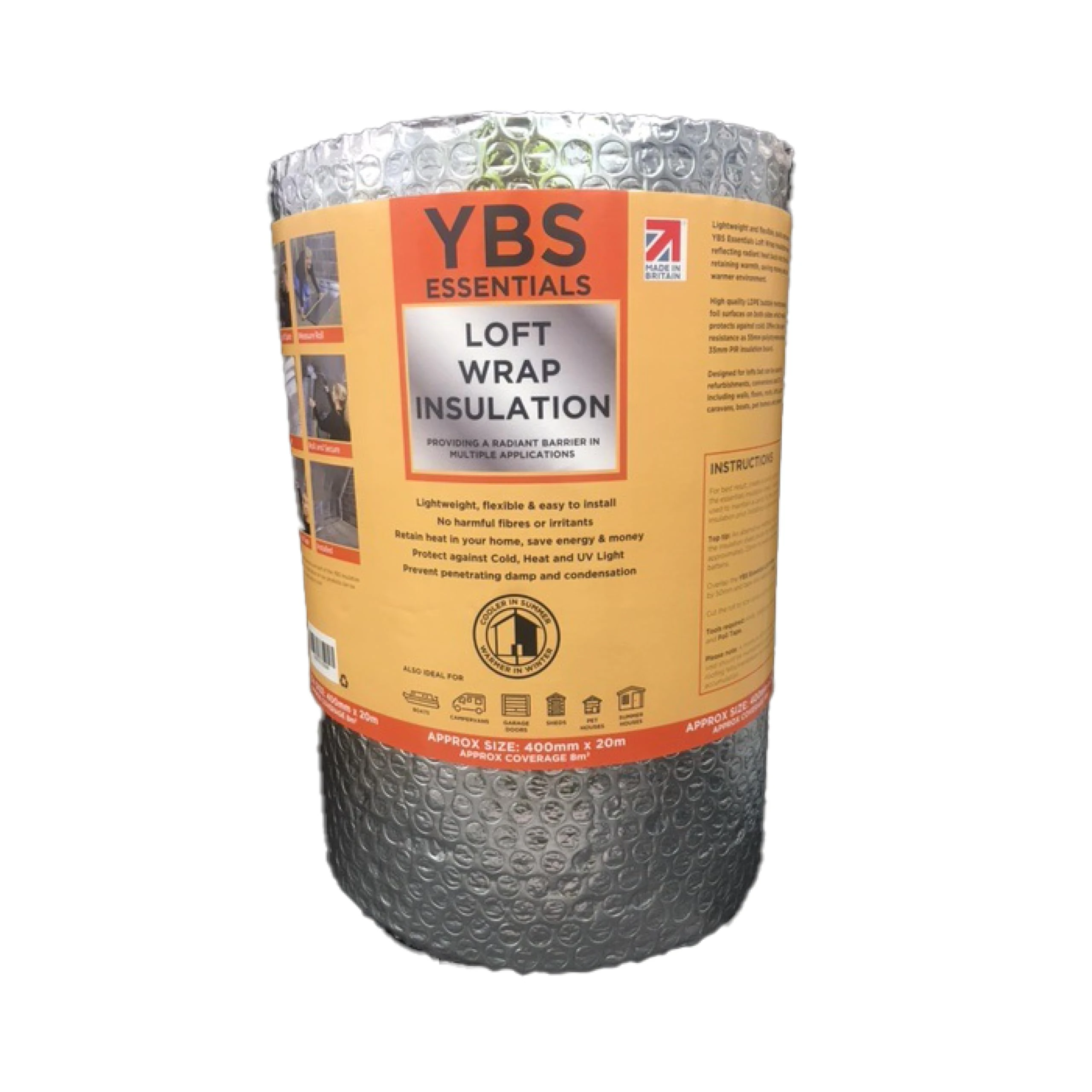 YBS Essentials Loft Wrap Bubble Foil Insulation Roll | 400mm x 20m, 3.5mm Thickness | DIY 3-in-1 Thermal Reflective Insulation
