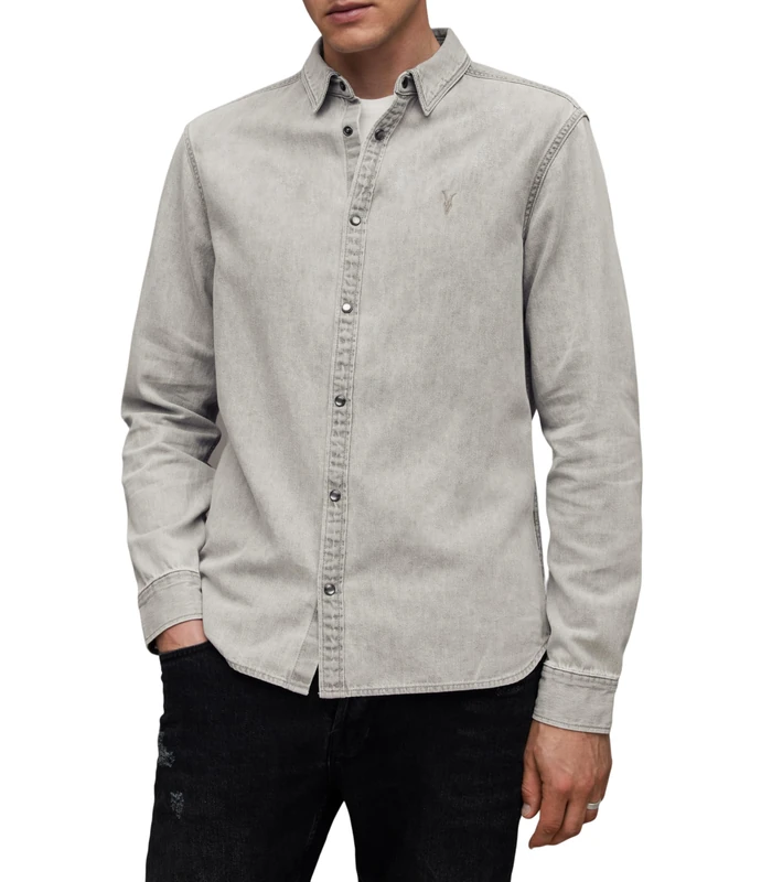 AllSaints Men's Gleason Long Sleeve Shirt, Grey, XS