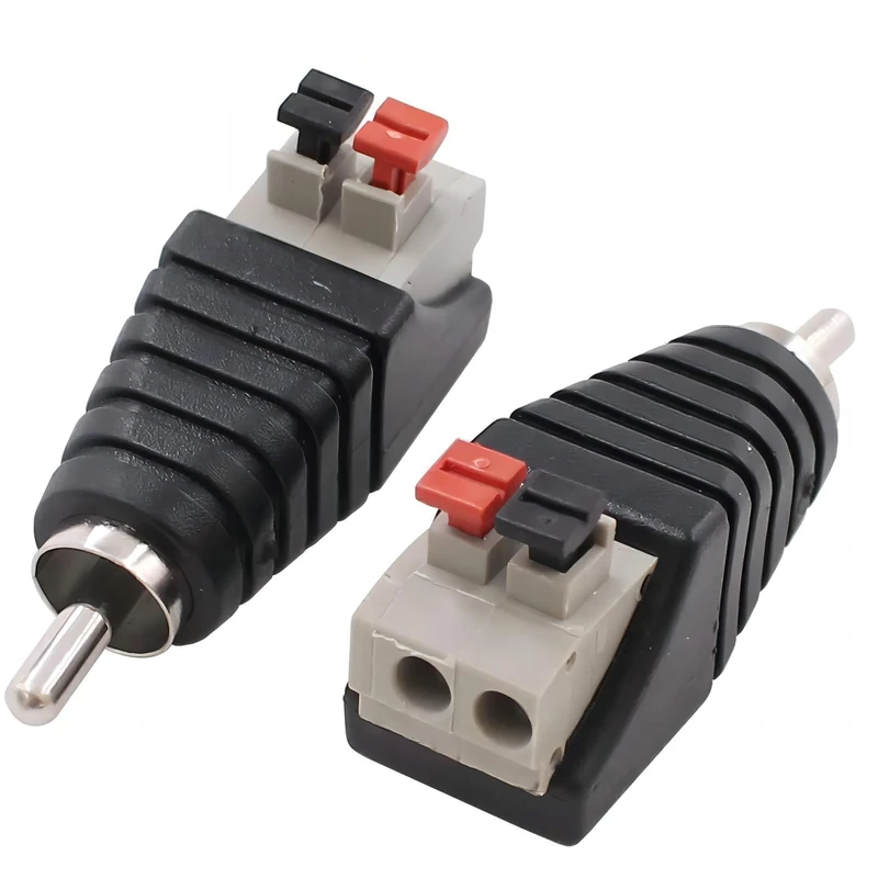 RCA to Speaker Wire Adapters 2 Pack - Spring Press Balun Phono Plug Connectors for CCTV, Home Audio & Subwoofer | Gold Plated RCA Male to AV Screw Terminal Adapter | Premium Audio Video Conversion