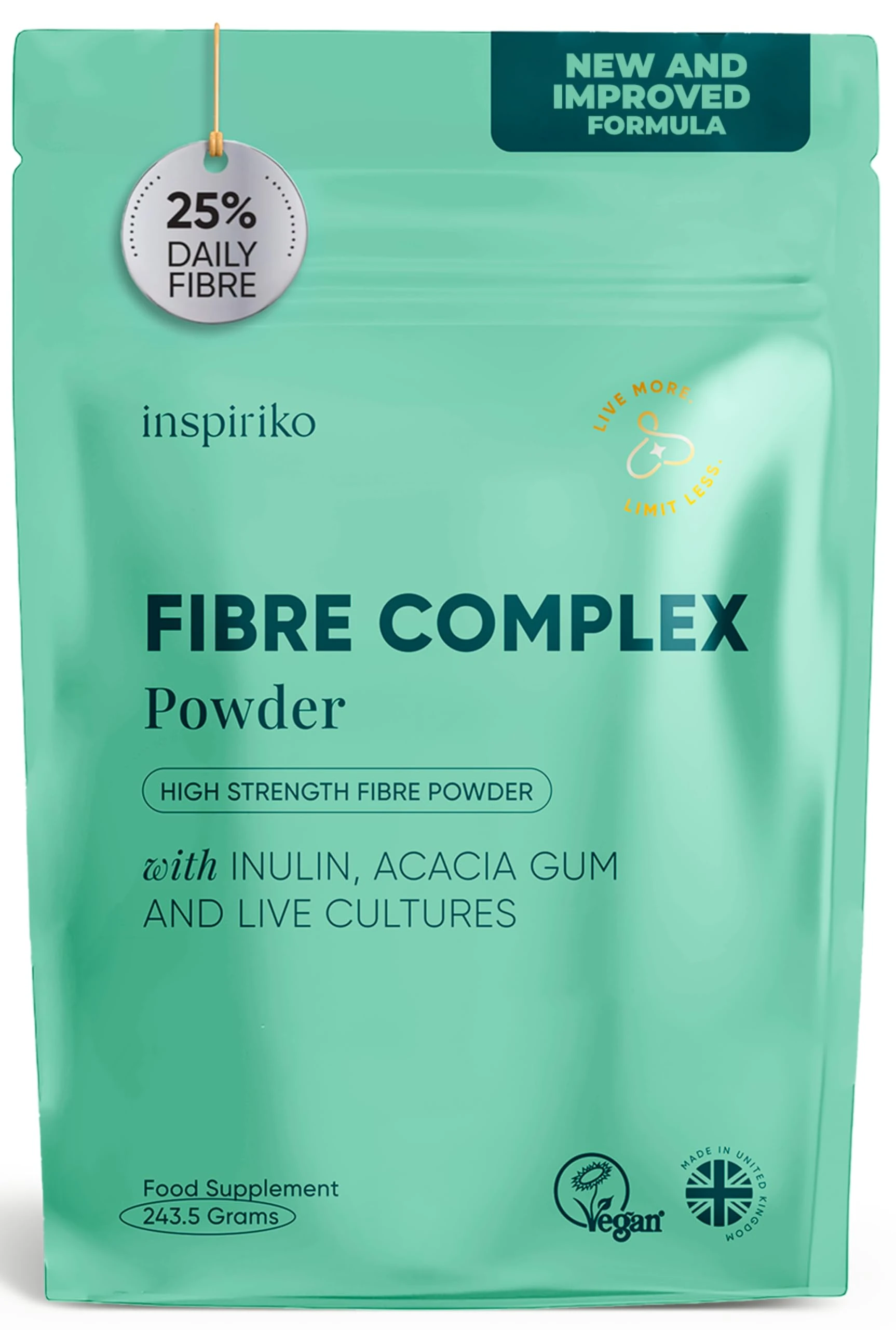 15g Soluble Fibre Supplement - 50% NHS Daily Intake. 6-in-1 Fiber Supplement Powder with Inulin Prebiotic Fibre Powder, FOS, Acacia & Probiotics. Tasteless, Dissolves Easy, 30 Servings by Inspiriko