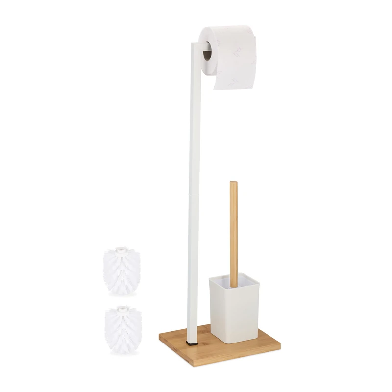 Relaxdays WC Set, Bamboo, Stainless Steel, Free-Standing, incl. 2 Spare Heads, Toilet Roll & Brush Holder, White/Natural, 70.5 x 22 x 18 cm