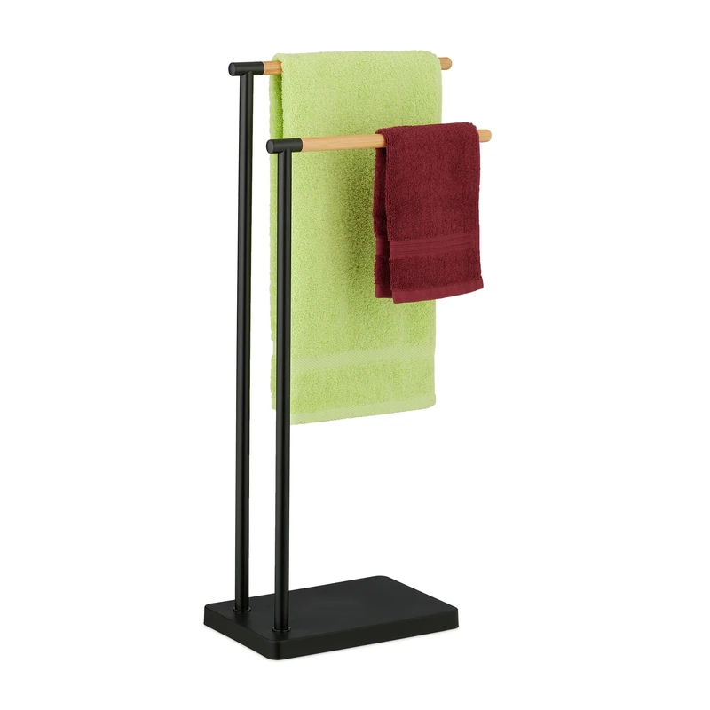 Relaxdays Towel Rail, Standing, Drying Rack with 2 Bars, 78 x 36.5 x 20 cm, Bathroom, Stainless Steel, Bamboo, Black