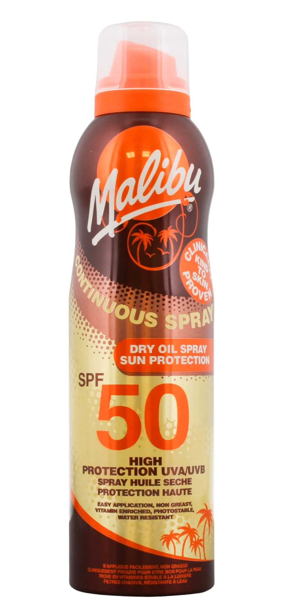 Malibu Sun SPF 50 Continuous Dry Oil Spray For Tanning, High Protection, Vitamin Enriched, Water Resistant, 175ml