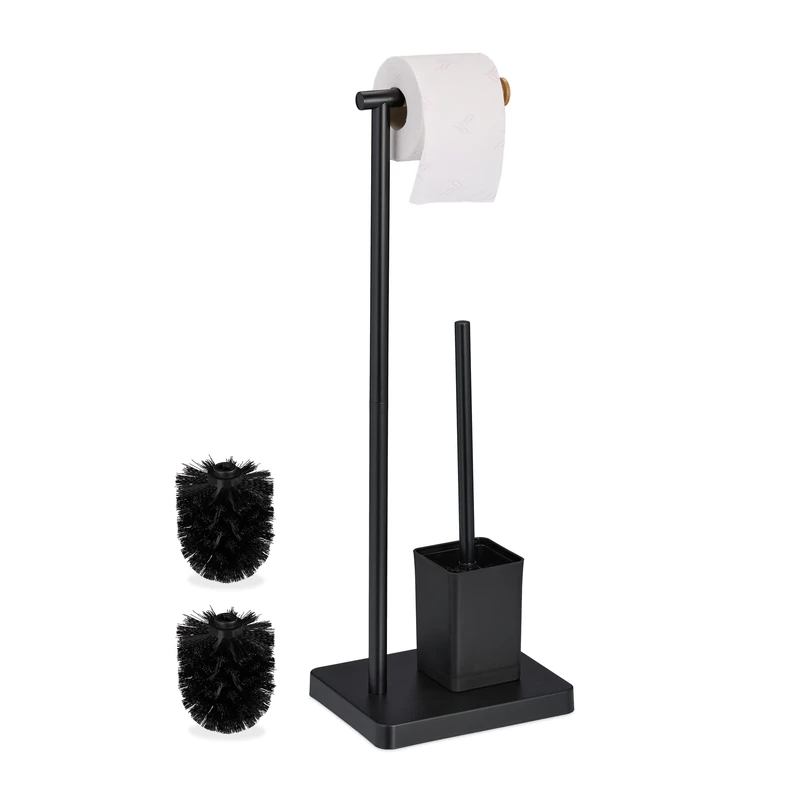 Relaxdays WC Set, HxWxD: 66.5 x 23 x 18 cm, Free-Standing Toilet Roll & Brush Holder, Stainless Steel, Black