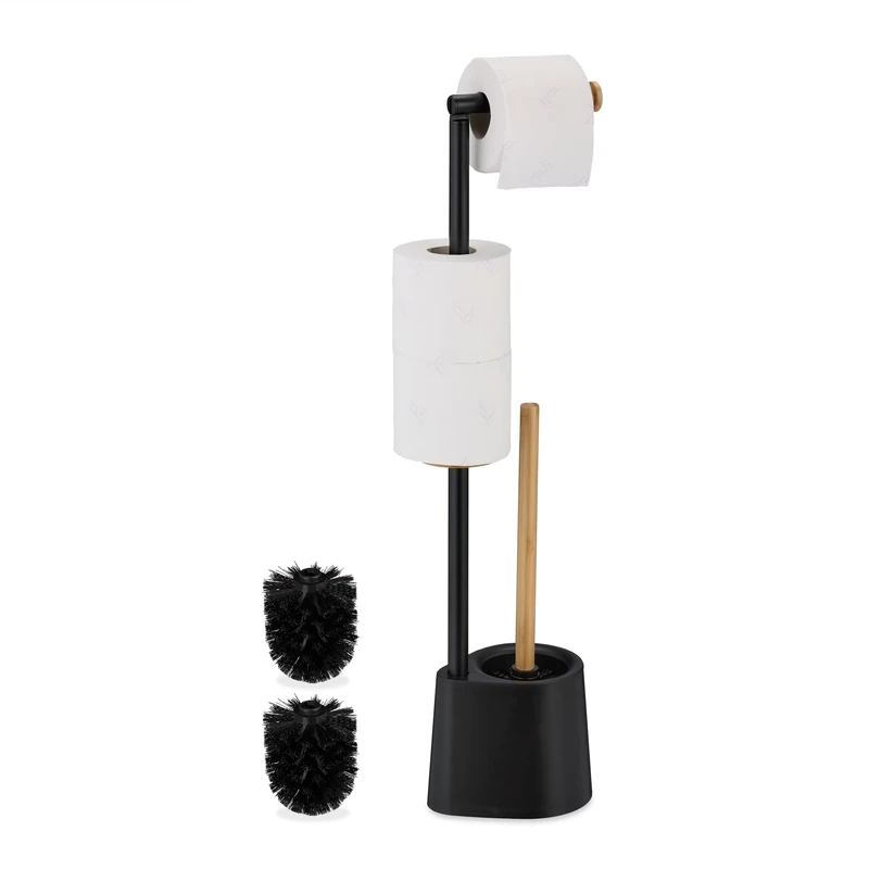 Relaxdays WC Set, Bamboo, Stainless Steel, Free-Standing, 2 Spare Heads, Toilet Roll & Brush Holder, Black, 66.5 x 16 x 11 cm