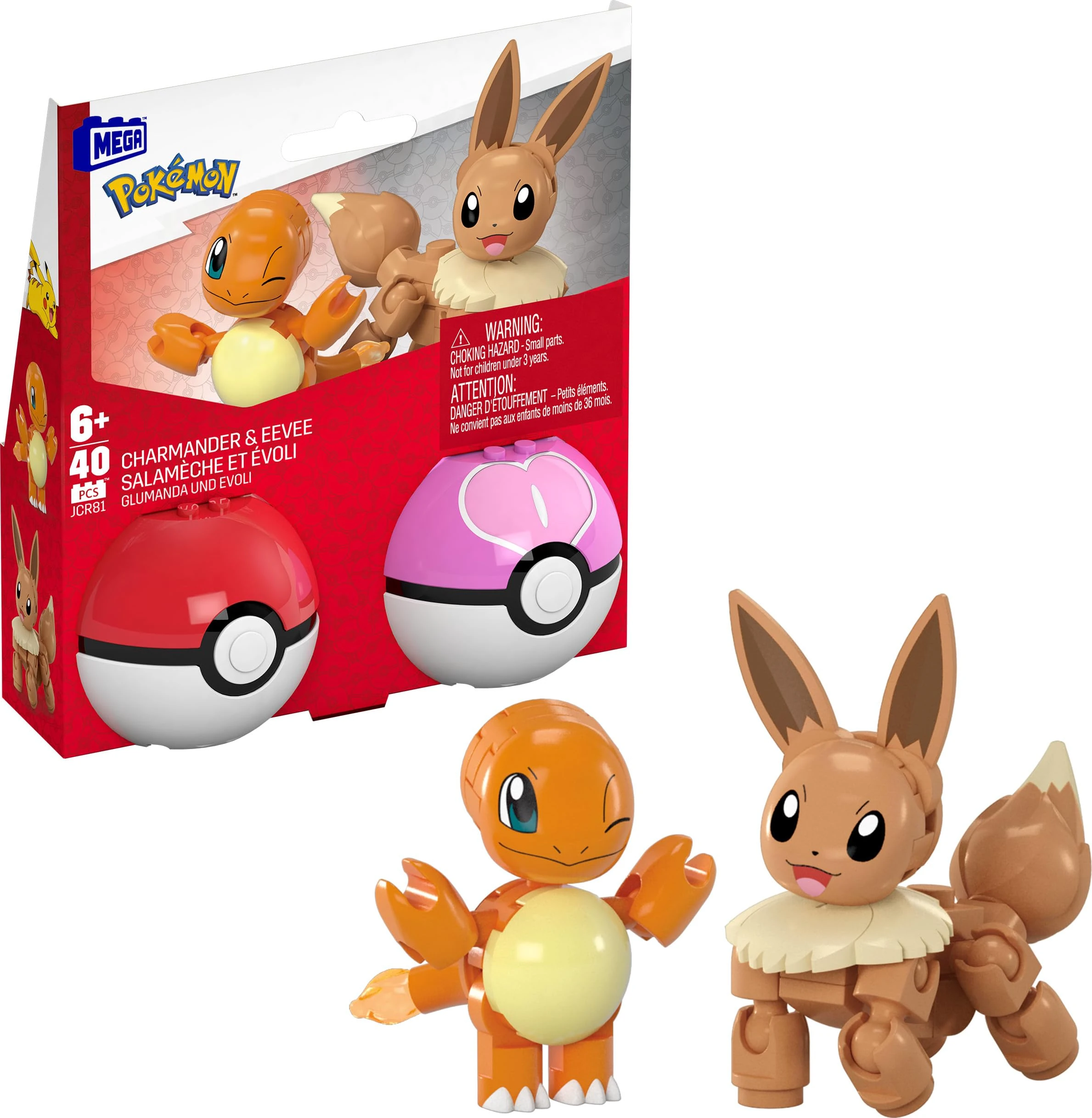 MEGA Pokémon Action Figure Building Toys Set, Poké Ball 2-Pack, Charmander and Eevee with 40 Pieces, for Kids, JCR81