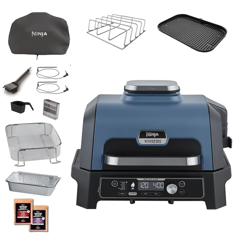 Ninja Woodfire Pro Connect XL Electric BBQ Grill & Smoker with App Control, 2 Digital Probes, Rib Rack, Cover, Liners & Cleaning Brush, Large 7-in-1 Outdoor Grill & Air Fryer, Blue & Black OG901UKAMZ
