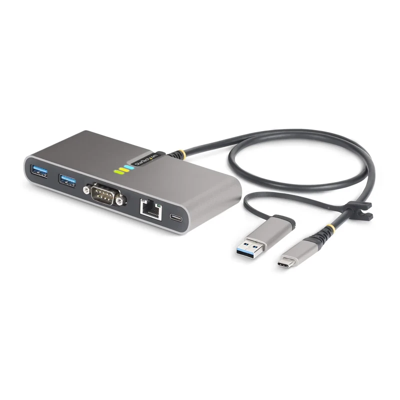 StarTech.com 2-Port USB-C Hub with Gb Ethernet and RS232 FTDI Serial, Attached USB-C to USB-A Dongle, 100W PD Pass-Through, 2x USB-A 5Gbps