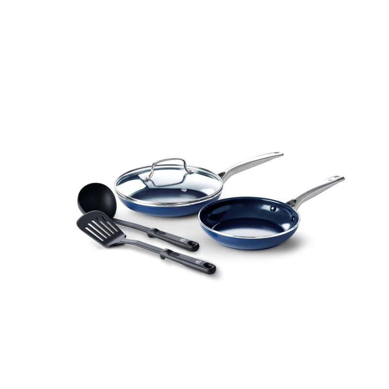 Blue Diamond Cookware Diamond Structure Ceramic Non-Stick 7-Piece Pot and Pan Set, Includes Frying Pan, Saucepan, Milk Pan, PFAS-Free, Induction, Dishwasher Safe, Oven-Safe up to 200 °C, Blue - Image 1