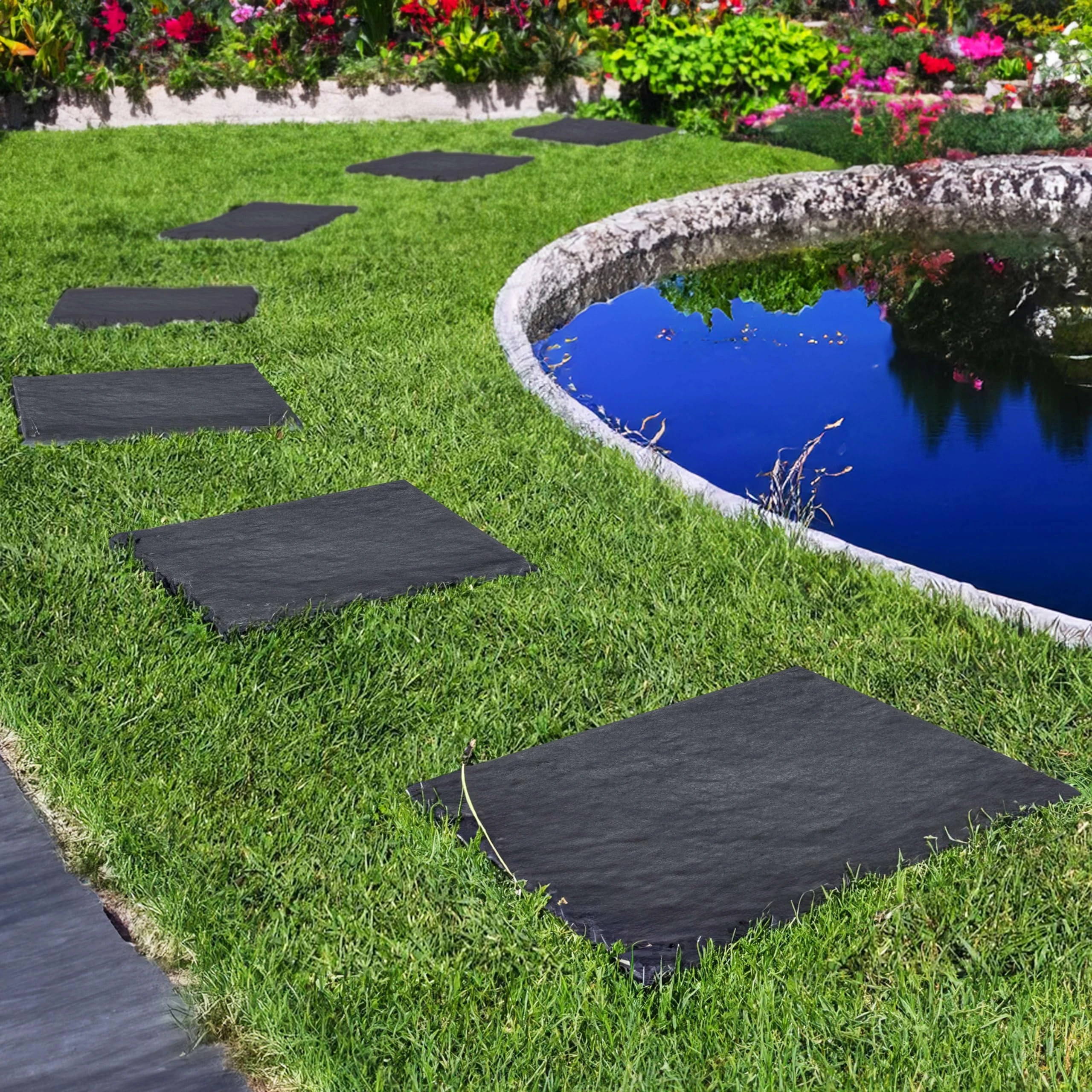 Nicoman Marble Effect 30x30x2.5cm Square Stomp Stone Recycled Rubber Steps Hard Wearing Heavy Duty Outdoor Pathway Tiles- (Graphite, Set of 4)