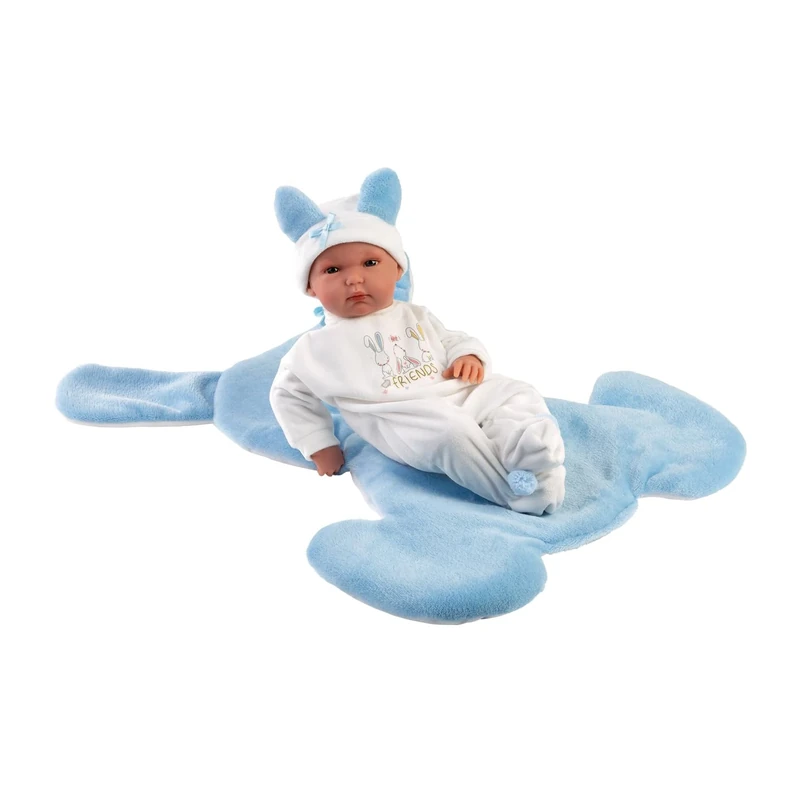 Llorens Bimbo Doll Boy, 35 cm Blue-Eyed Baby Doll with Rabbit Outfit, Blanket, and Accessories