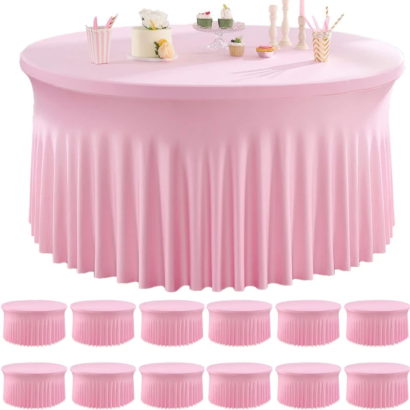 Htper 12 Pack Baby Pink Spandex Round Tablecloths for 60 inch Table, Wrinkle Free Stretchy 120inch Fitted 5FT Round Table Cloths Cover with Skirt for Wedding Party Dining Banquet Events
