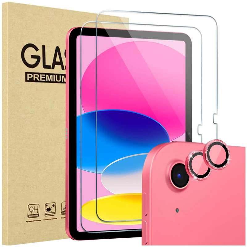 ProCase Screen Protector for iPad A16 2025 11th/10th 2022 Generation (11-inch/10.9), 2 Tempered Glass Films with 2 Camera Lens Protectors -Glitter Pink