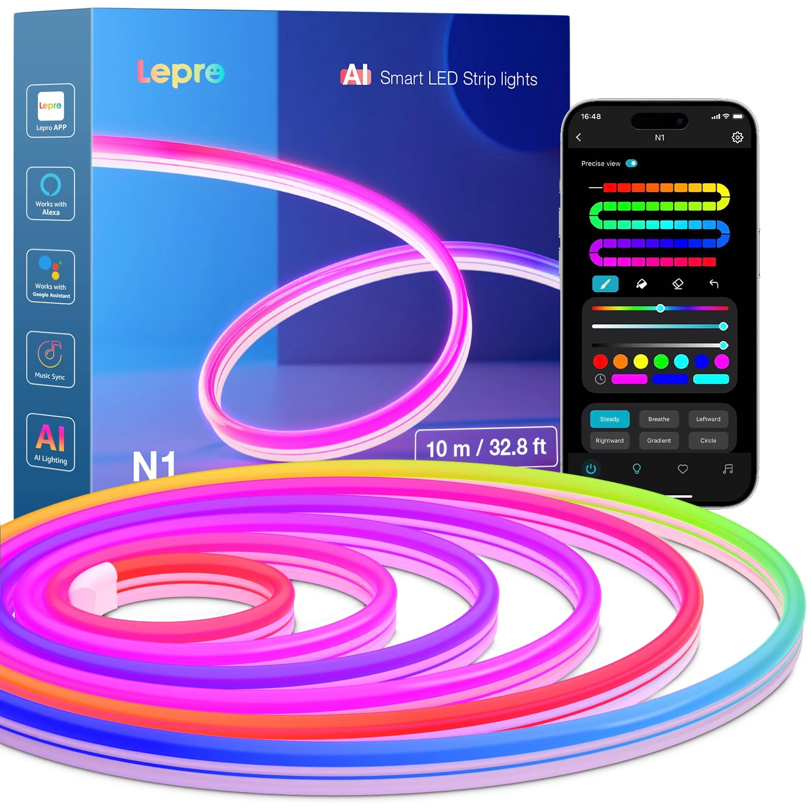 Lepro N1 AI Smart Neon Rope Light 10M RGB+IC, Works with Alexa & Google Assistant, Music Sync LED Lights for Bedroom, App Voice Control, Personalized AI Lighting Designer, IP65 Waterproof, No Remote