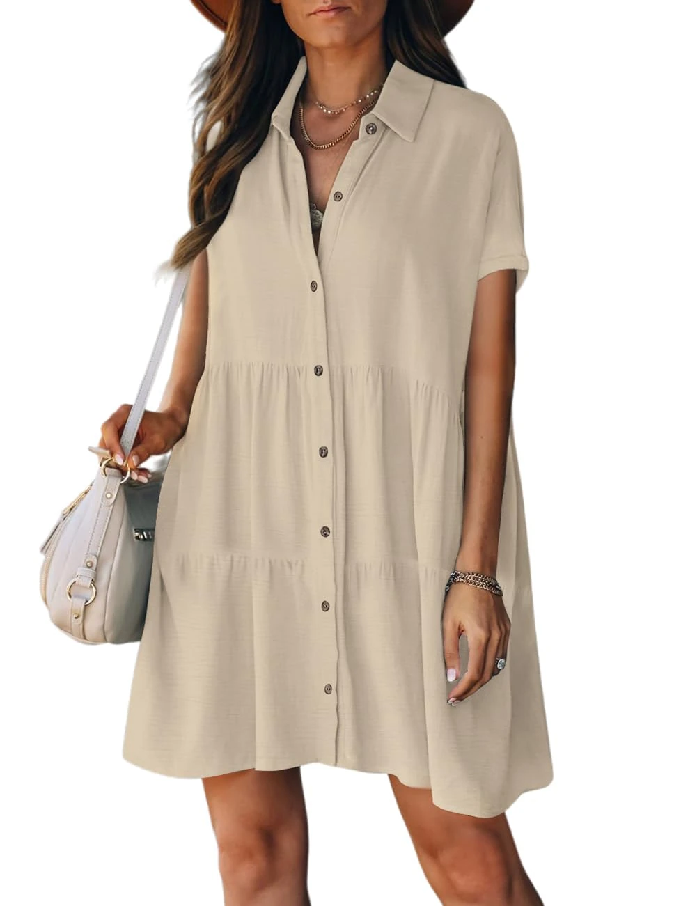Bsubseach Swimsuit Coverup for Women Button Shirt Casual Dresses Vacation Wear Beige M