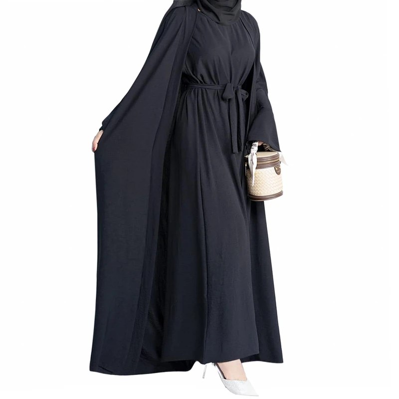 khalat Abaya Muslim Dress Women Satin Prayer Dress Batwing Long Sleeve Middle East Arabian Robe with Hijab, Black, One Size