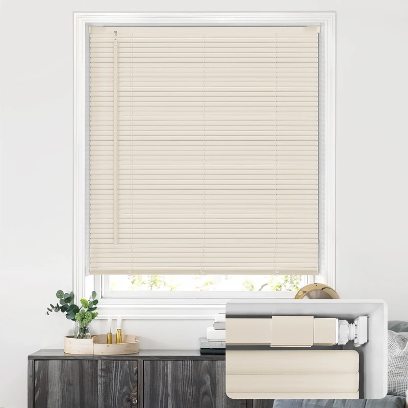 LazBlinds No Drill Vinyl Mini Blinds, 35" W x 64" H, Beige