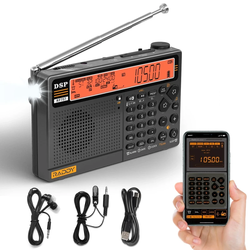 Raddy RF757 APP Control Shortwave Radio, Portable Radio with AM/FM/SW/VHF/UHF/CB/AIR Reception, 2500mAh Rechargeable Battery, 1000 Presets, Headset, Wired Antenna, SOS Alert for Emergency