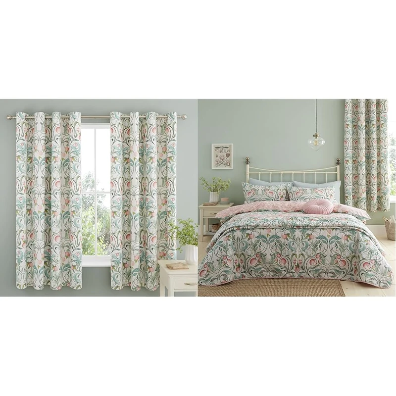 Catherine Lansfield Clarence Floral 66x72 Inch Lined Eyelet Curtains Two Panels Natural & Clarence Floral Reversible Double Duvet Cover Set with Pillowcases Natural